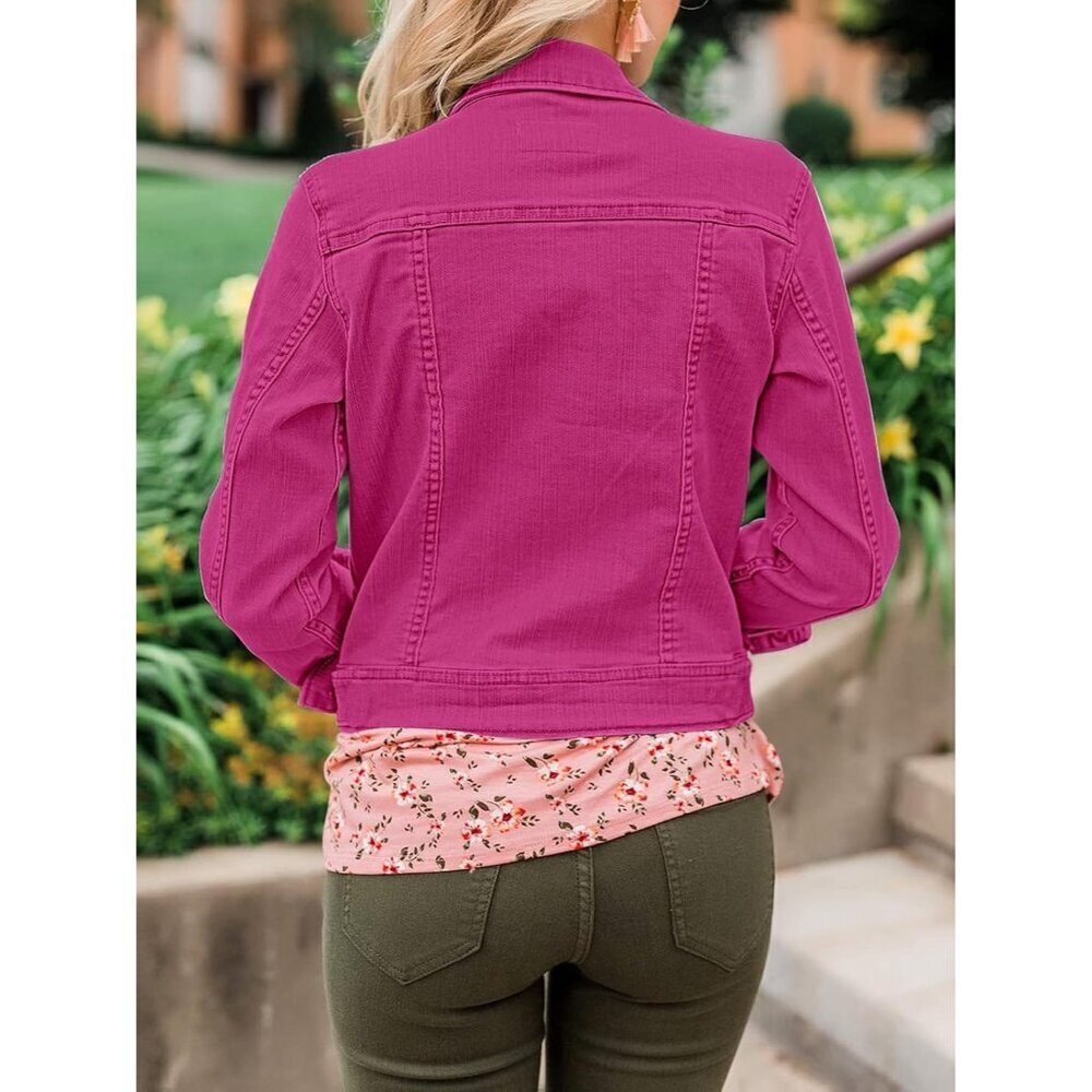 🆕Women Rose Pink  Jacket Button Down Stretch Fitted Long Sleeve Casual Jean - Picture 7 of 7